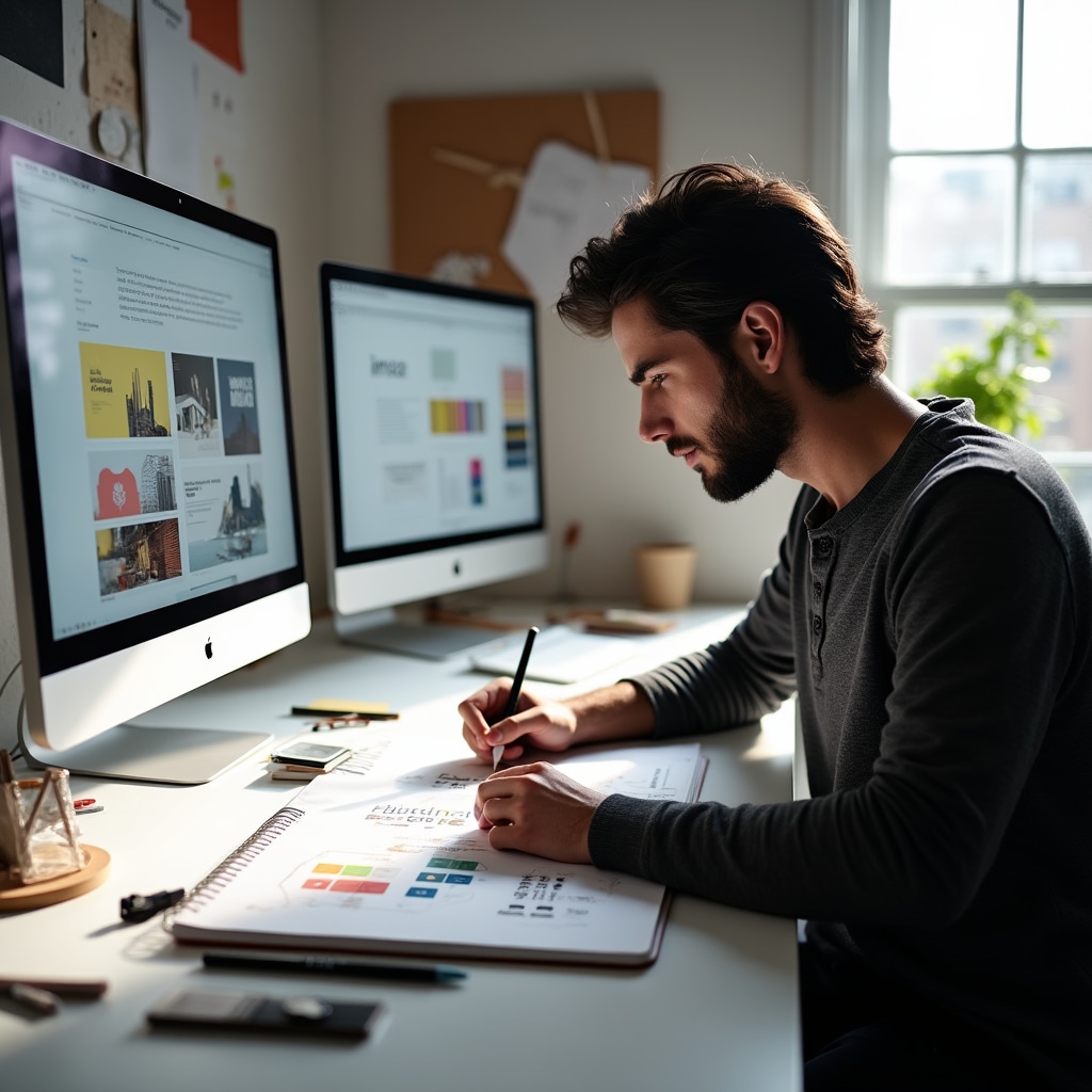 Designer working on brand identity concepts and visual strategy