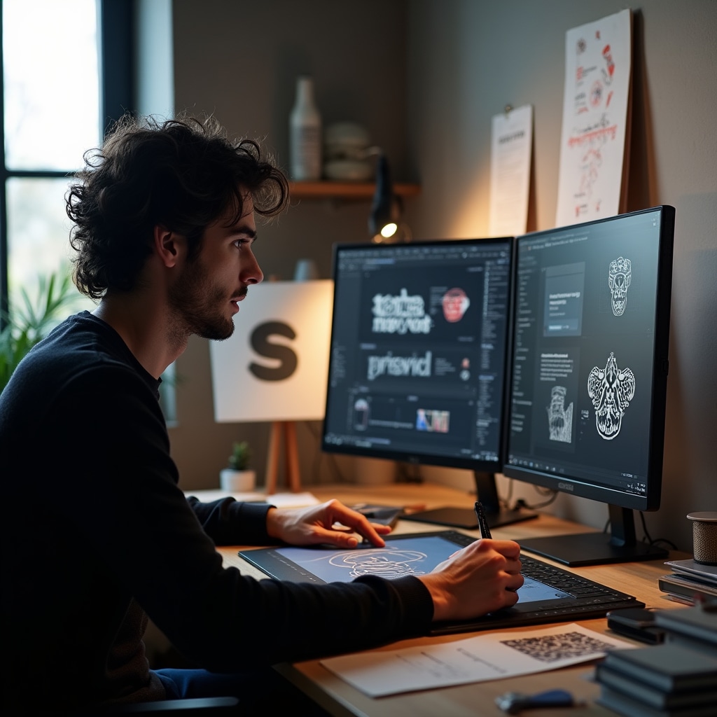 Designer creating visual identity concepts and website layouts