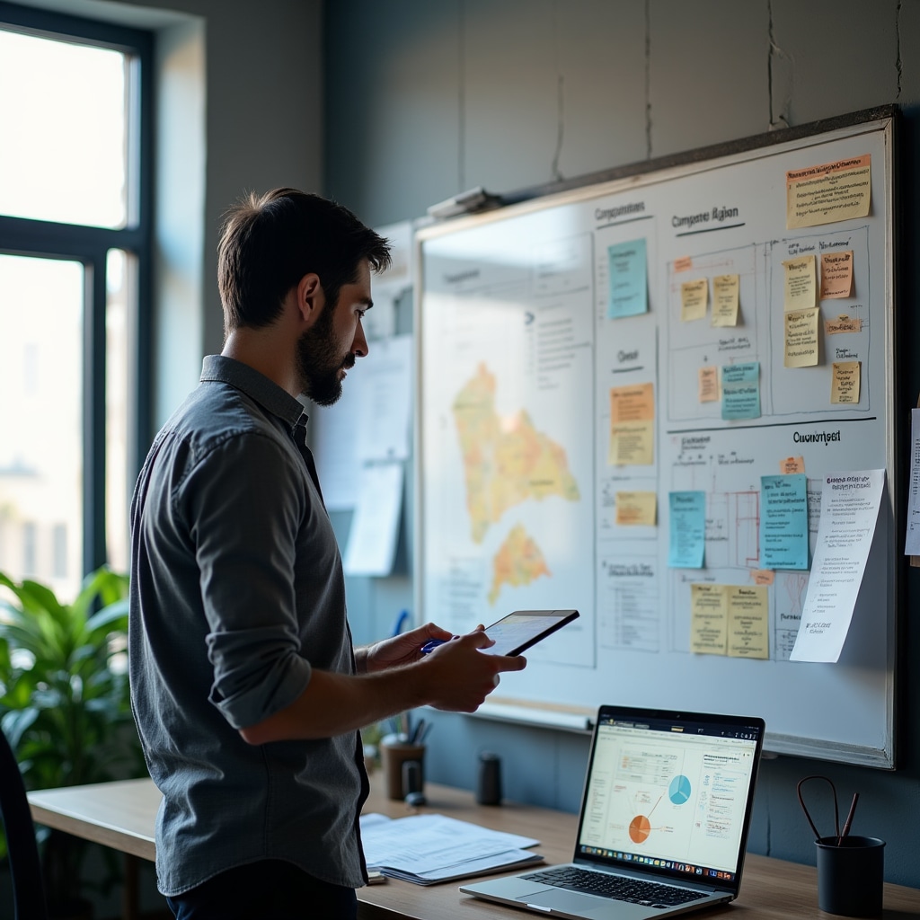 Strategic planning session with market research and competitor analysis