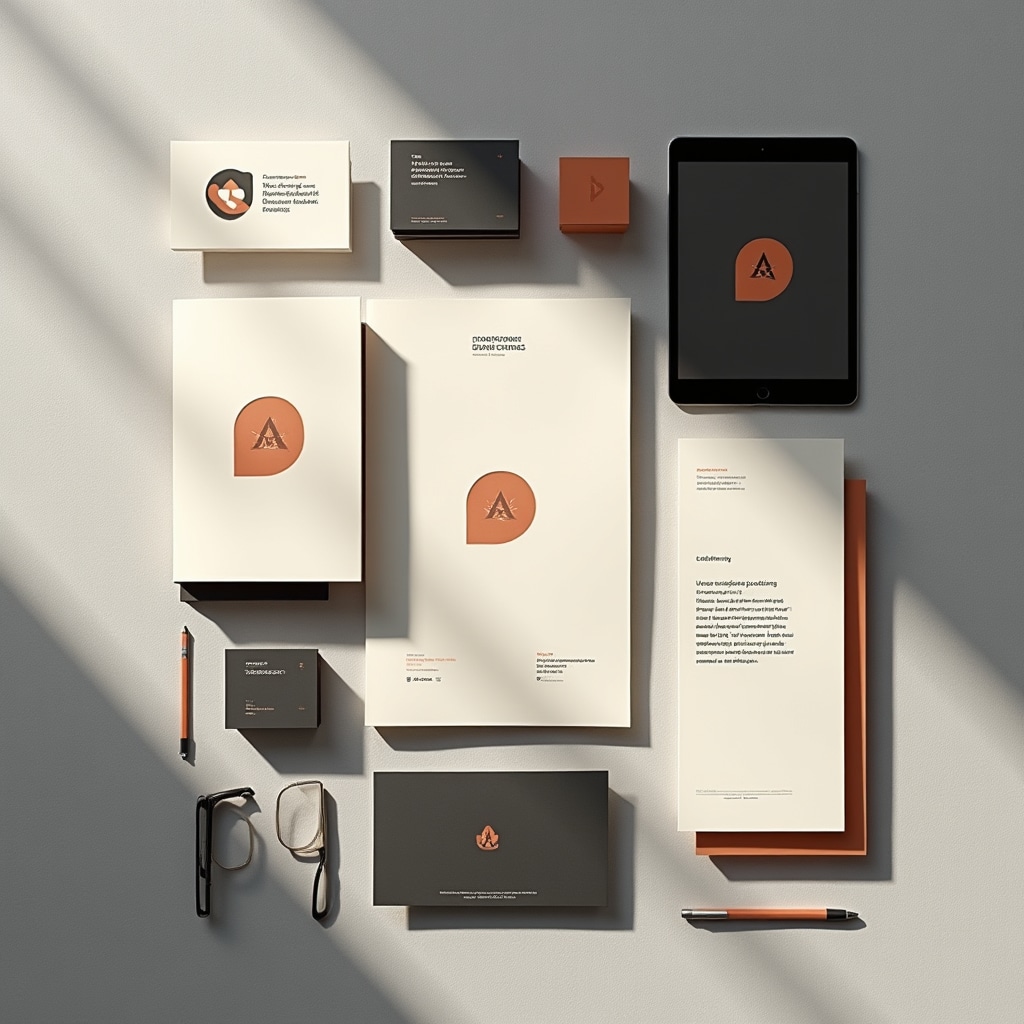 Professional brand identity materials showing cohesive visual design system
